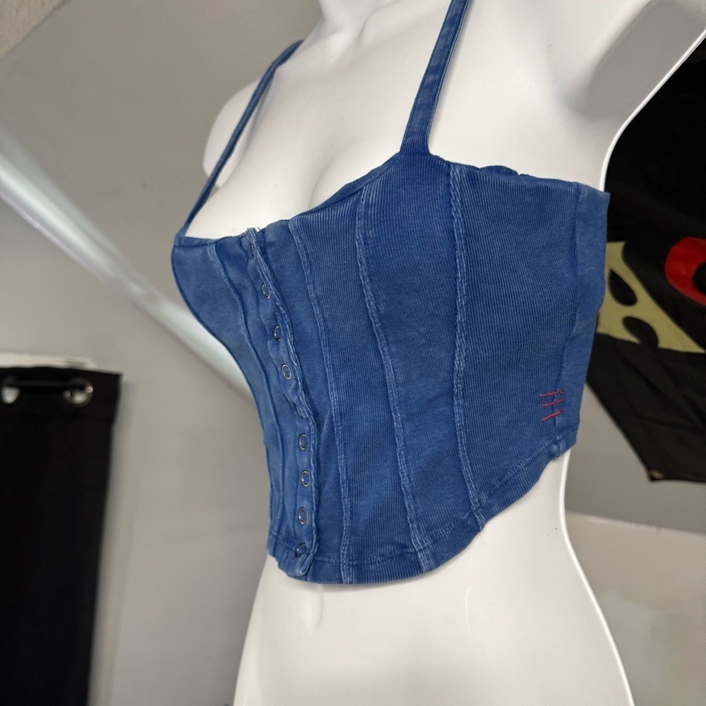 Urban Outfitters Womens Blue Ribbed Corset Crop Top Snap Button Cami Small - Picture 2 of 3